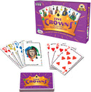 Five Crowns card game by Set Games, featuring a vibrant purple box with a crown design. The game includes various colorful cards, including Jokers and numbered cards from different suits, spread out on a surface. The game is known for its rummy-style play and is suitable for family game nights.