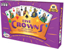 Five Crowns game by Set Games, featuring a vibrant purple box adorned with a golden crown graphic. The title 'FIVE CROWNS' is prominently displayed, alongside illustrations of playing cards that depict colorful kings and queens, emphasizing the game's five-suited rummy-style mechanics. The box boasts recognition as a winner of 10 Best Game Awards.