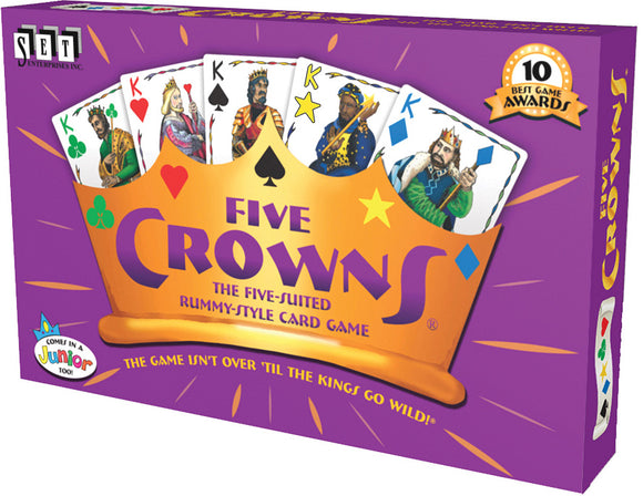 Five Crowns game by Set Games, featuring a vibrant purple box adorned with a golden crown graphic. The title 'FIVE CROWNS' is prominently displayed, alongside illustrations of playing cards that depict colorful kings and queens, emphasizing the game's five-suited rummy-style mechanics. The box boasts recognition as a winner of 10 Best Game Awards.
