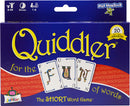 Quiddler game box featuring the title prominently in yellow against a blue background. The box includes playful graphics and showcases three playing cards with the letters F, U, and N, highlighting the fun of creating words. Designed for ages 8 to 99, it accommodates 1 to 8 players and boasts over 20 best game awards, emphasizing its appeal and entertainment value.