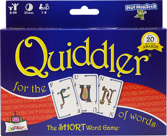 Quiddler game box featuring the title prominently in yellow against a blue background. The box includes playful graphics and showcases three playing cards with the letters F, U, and N, highlighting the fun of creating words. Designed for ages 8 to 99, it accommodates 1 to 8 players and boasts over 20 best game awards, emphasizing its appeal and entertainment value.
