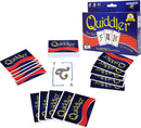 Quiddler card game by Set Games features a colorful box with the title prominently displayed. The game includes various cards laid out, showcasing letters and numbers used to form words, highlighting its educational and fun aspects.
