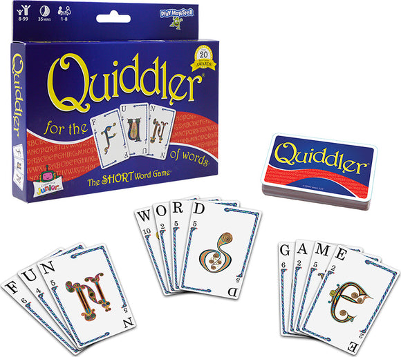 Quiddler card game by Set Games, featuring a colorful box displaying the title and description. The image shows a set of game cards with letters and decorative designs. Cards are partially fanned out, revealing words like 'FUN,' 'WORD,' and 'GAME.' Suitable for ages 8 and up, this game promotes vocabulary and creativity in 35 minutes, designed for 1-8 players.