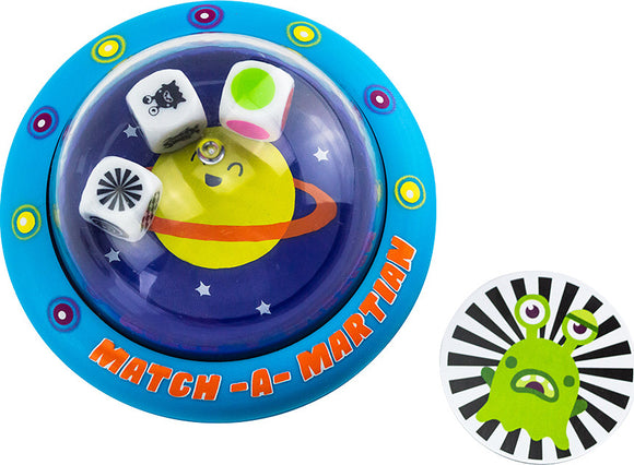 Match-A-Martian by PlayMonster is a fun, interactive game that features a colorful circular design with a smiling planet in the center. Three illustrated dice rest atop the planet, showcasing various alien-themed images, while a vibrant sticker of a green alien with large eyes and expressive features accompanies the game.
