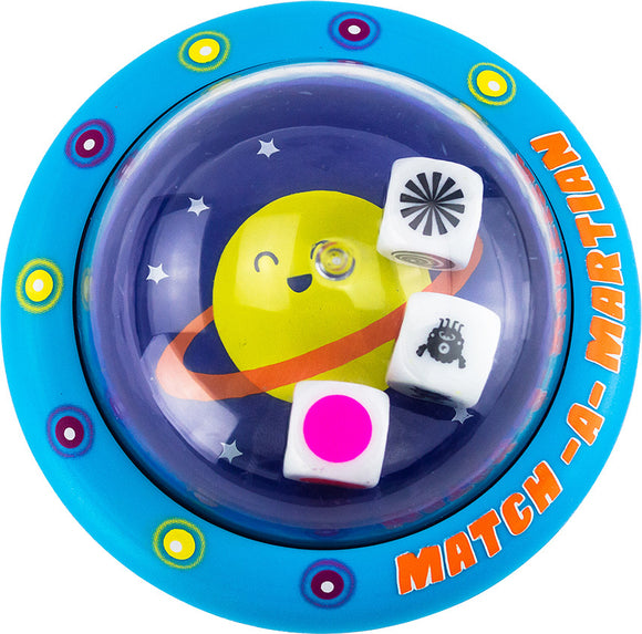 Match-A-Martian game by PlayMonster featuring a colorful circular base with a smiling planet and three dice on its surface. The game encourages fun and engaging gameplay with vibrant colors and playful designs.