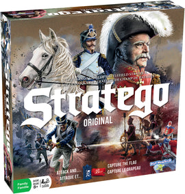 The Stratego board game box by Patch Products Inc., featuring bold, stylized graphics of military characters including a horse, soldiers in uniforms, and an army battle scene. The title 'Stratego' is prominently displayed in large white letters against a colorful background, emphasizing its historical military strategy theme.