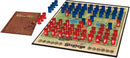Stratego game set featuring a colorful game board with a grid layout, red and blue pieces shaped like towers, and a rule book. The board displays a landscape with pathways and a pond, illustrating a strategic battlefield for gameplay.