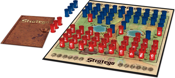 Stratego game set featuring a colorful game board with a grid layout, red and blue pieces shaped like towers, and a rule book. The board displays a landscape with pathways and a pond, illustrating a strategic battlefield for gameplay.