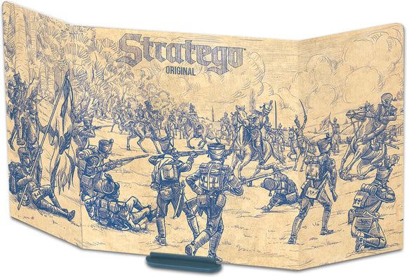 The board game Stratego by Patch Products Inc. features a vintage-style illustrated battlefield scene on the game board. Soldiers in various uniforms are depicted in a strategic battle, adding to the game's theme of military tactics and planning. The name 'Stratego' is prominently displayed at the top, showcasing the game's classic and timeless appeal.
