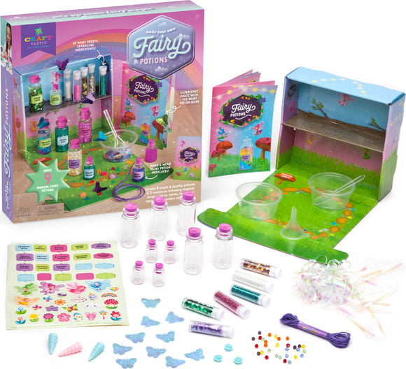 Craft Tastic's Make Your Own Fairy Potions DIY kit includes an array of colorful potion bottles, glitter, and stickers. The set features 9 different potion creations and a potion book. Additional components include measuring cups, a funnel, and decorative accessories for making and wearing potion necklaces, all designed against a whimsical backdrop with mushrooms and butterflies.