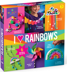 The I Love Rainbows Craft Kit by Craft Tastic includes 172 pieces for creating six colorful projects like bracelets, a garland, a rainbow catcher, and a tiny piñata. The kit features vibrant colors and fun craft activities suitable for children aged 7 and up.
