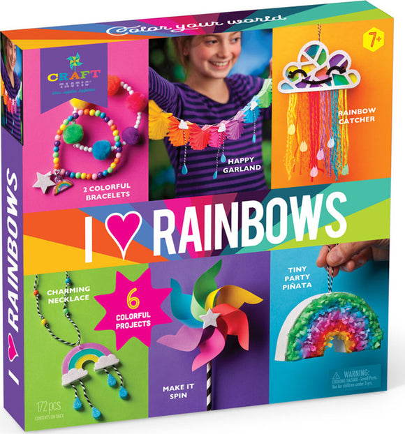 The I Love Rainbows Craft Kit by Craft Tastic includes 172 pieces for creating six colorful projects like bracelets, a garland, a rainbow catcher, and a tiny piñata. The kit features vibrant colors and fun craft activities suitable for children aged 7 and up.