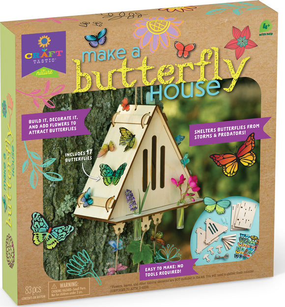 Craft Tastic Make a Butterfly House DIY kit. The box features a butterfly house design, colorful butterflies, and instructions for building and decorating. The kit includes 83 pieces and is suitable for ages 4 and up. Great for engaging kids in nature activities and promoting environmental awareness.