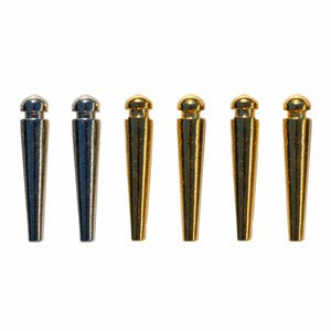 A set of six metal cribbage pegs, featuring three sleek silver pegs and three polished gold pegs. The pegs are conical in shape, designed for use in the classic card game of cribbage. They offer a stylish and durable option for scoring in the game.