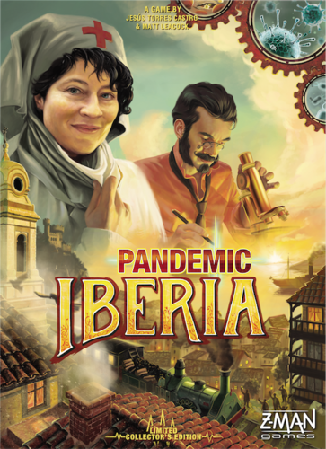 The cover of the board game 'Pandemic: Iberia' features two characters: a woman in a nurse's uniform and a man using a telescope, set against a backdrop of a historical Iberian city. The game title is prominently displayed in bold letters, with gears and a steampunk design embellishing the image.