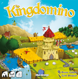 Kingdomino board game by Blue Orange U.S.A., featuring a colorful landscape with a castle, rolling hills, a river, and various animals. The title 'Kingdomino' is prominently displayed, along with game age recommendation and designer names.