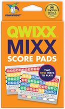 Qwixx Mixx score pads by Gamewright, featuring colorful designs with scoring options for players. The packaging displays the Gamewright logo and a 'Mensa Select' badge, indicating quality. The pads offer two new ways to play the popular Qwixx game, suitable for family and friends gathering.