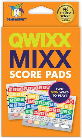 Qwixx Mixx score pads by Gamewright, featuring colorful designs with scoring options for players. The packaging displays the Gamewright logo and a 'Mensa Select' badge, indicating quality. The pads offer two new ways to play the popular Qwixx game, suitable for family and friends gathering.