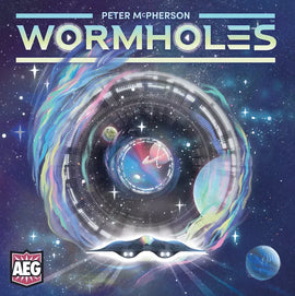 The game 'Wormholes' by Alderac Entertainment Group features a vibrant cosmic design, showcasing a swirling, colorful vortex with planets and stars set against a space backdrop. The title is prominently displayed at the top in bold, modern font, emphasizing its sci-fi theme.