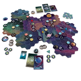 Wormholes board game by Alderac Entertainment Group featuring a colorful, hexagonal game board with various tokens, cards, and a space theme. The game elements include planets, stars, and energy symbols, creating an engaging cosmic adventure for players.