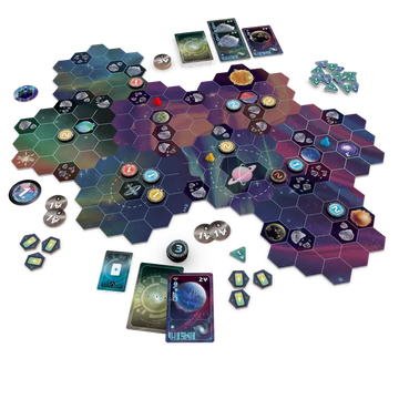 Wormholes board game by Alderac Entertainment Group featuring a colorful, hexagonal game board with various tokens, cards, and a space theme. The game elements include planets, stars, and energy symbols, creating an engaging cosmic adventure for players.