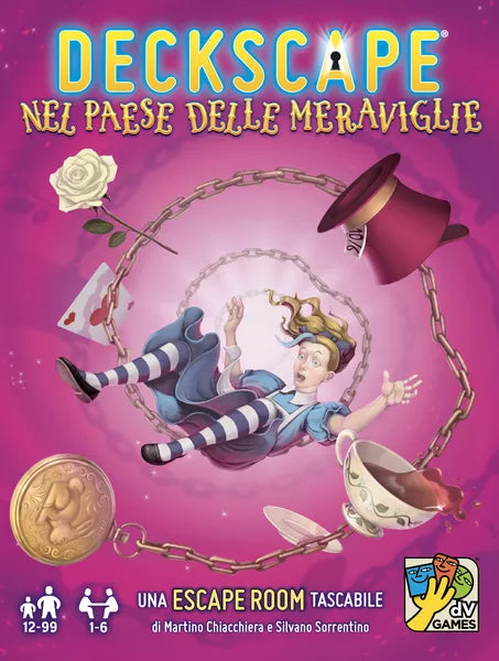 Deckscape: In Wonderland game by DV GIOCHI, featuring whimsical art of a character in a fantastical scenario with elements like a top hat, a rose, and teacups. The game is designed for 1-6 players and suitable for ages 12 to 99, offering a unique escape room experience.