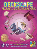 Deckscape: In Wonderland game by DV GIOCHI, featuring whimsical art of a character in a fantastical scenario with elements like a top hat, a rose, and teacups. The game is designed for 1-6 players and suitable for ages 12 to 99, offering a unique escape room experience.