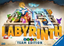 Labyrinth Team Edition game box by Ravensburger featuring vibrant artwork with characters engaging in a magical maze. The title 'LABYRINTH TEAM EDITION' prominently displayed at the bottom, enriches the fantasy theme of teamwork and adventure in a labyrinth setting.