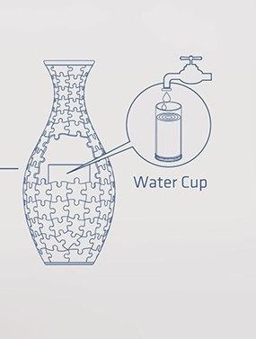The Harmonious Phoenix Couple 3D Jigsaw Puzzle Vase by Pintoo, showcasing a unique vase design featuring interlocking jigsaw pieces. The illustration includes a water cup connected to a faucet, visually demonstrating a creative DIY aspect of the product. Ideal for puzzle enthusiasts and home decor lovers.