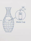 A detailed illustration of a colorful leaves 3D jigsaw puzzle vase by Pintoo. The vase is outlined with puzzle piece designs, showcasing its unique shape. An image depicting a water cup illustrates the concept of hydrating the vase, emphasizing its interactive nature.
