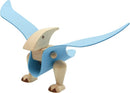A colorful DIY Pterodactyl kit by Plan Toys features a wooden base with movable wings. The Pterodactyl is crafted from natural wood and elements are painted in bright blue, creating an engaging and imaginative play experience for children. Ideal for hands-on learning and creative play.