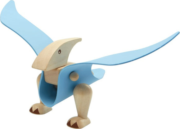 A colorful DIY Pterodactyl kit by Plan Toys features a wooden base with movable wings. The Pterodactyl is crafted from natural wood and elements are painted in bright blue, creating an engaging and imaginative play experience for children. Ideal for hands-on learning and creative play.