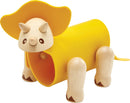 A colorful DIY Triceratops kit by Plan Toys. The toy features a yellow body with a large yellow hat and a cheerful wooden dinosaur head, complete with distinctive horns. The design is playful and encourages creativity, ideal for children. Perfect for hands-on learning and imaginative play.