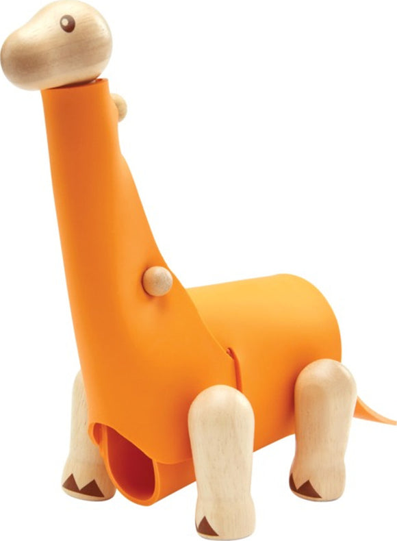 A colorful DIY Brachiosaurus kit by Plan Toys featuring an orange body and wooden legs. The charming dinosaur model is designed for creative assembly, encouraging imaginative play and hands-on learning for children.