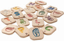 Hand Sign A-Z Alphabet PW by Plan Toys features colorful wooden pieces representing each letter of the alphabet in sign language. Each piece shows a hand gesture and the corresponding letter, designed to aid learning and enhance communication skills. Perfect for educational play, this game encourages hand-eye coordination and fosters early literacy.