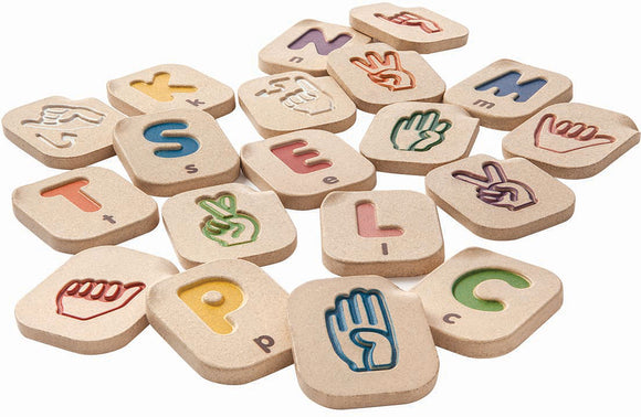 Hand Sign A-Z Alphabet PW by Plan Toys features colorful wooden pieces representing each letter of the alphabet in sign language. Each piece shows a hand gesture and the corresponding letter, designed to aid learning and enhance communication skills. Perfect for educational play, this game encourages hand-eye coordination and fosters early literacy.