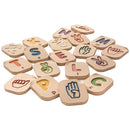 A colorful assortment of wooden game tiles featuring hand signs representing letters A to Z. Each tile is shaped like a rounded rectangle and showcases a unique signed letter, promoting learning and communication through play. Ideal for educational activities, this set encourages fine motor skills and cognitive development.