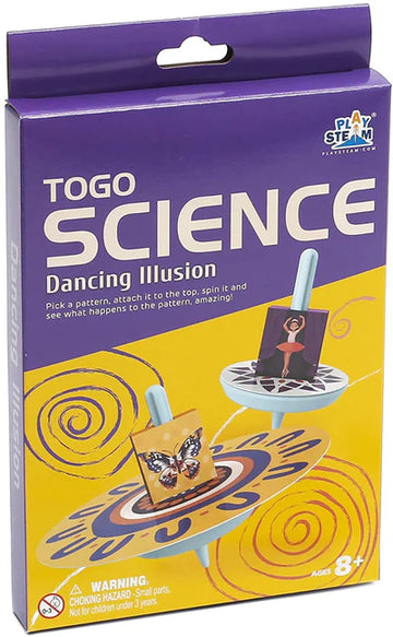 A colorful DIY kit box titled 'Dancing Illusion' by PlaySTEAM featuring a spinning top design. The kit encourages users to choose a pattern, attach it to the top, and observe the visual effects when spun. Includes images of a ballerina and a butterfly on the patterns. Ideal for ages 8 and up.
