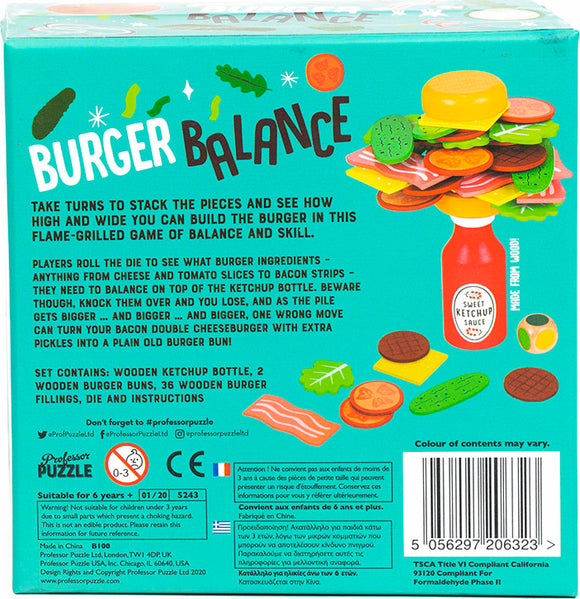 Burger Balance game by Professor Puzzle, featuring colorful wooden pieces representing various burger ingredients like cheese, tomato, bacon, and pickles. Players stack these pieces atop a wooden ketchup bottle, aiming to build the tallest burger without toppling it. The game includes a die that players roll to determine which ingredient to add, enhancing skill and balance as the tower grows.