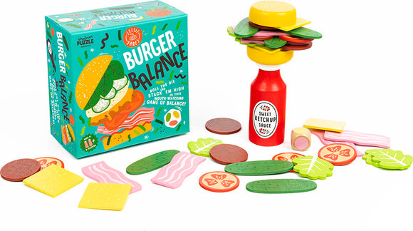 The Burger Balance game by Professor Puzzle features a colorful box with illustrations of a burger and toppings. Included are various stacking pieces like lettuce, tomatoes, and burger patties, along with a whimsical ketchup bottle used to balance the pieces in this fun game of skill. The game encourages players to roll the die, gather toppings, and create the tallest burger while maintaining balance.
