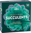 Package of the 'Peace by Peace: Succulents' mechanical puzzle by Professor Puzzle, featuring a vibrant design of succulent plants. The box displays the title prominently, along with the information that it contains 50 puzzles and is suitable for ages 12 and up.