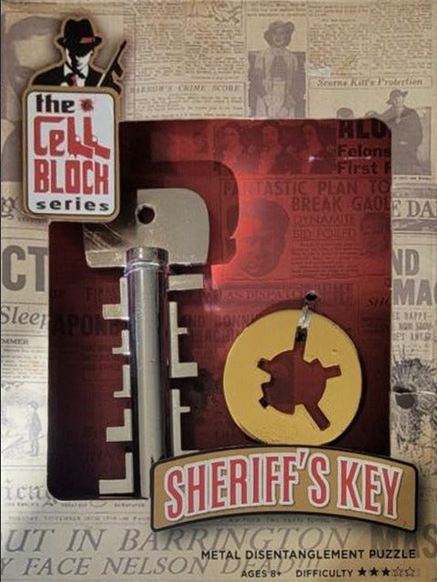 Sheriff's Key mechanical puzzle by Project Genius, featuring a metal key and a circular piece with a sheriff's star design. Packaged in a vibrant box with a vintage style background. The puzzle falls under the Cell Block series and has a difficulty rating of three stars, meant for ages 8 and up. Ideal for those looking for a challenging yet fun brain teaser.