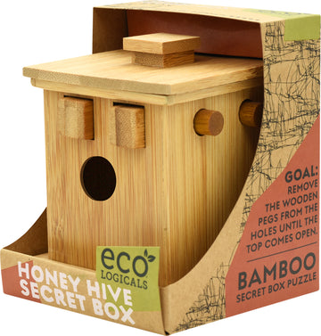 Honey Hive Secret Box from Project Genius, a mechanical puzzle made of bamboo. It features a compact design with wooden pegs that need to be removed to open the top. The box showcases eco-friendly materials and intricate details, making it an engaging challenge for puzzle enthusiasts.