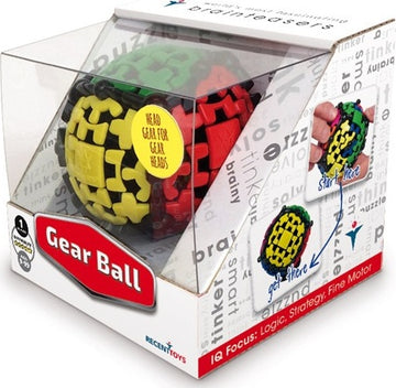 The Gear Ball by Mefferts is a colorful mechanical puzzle featuring interlocking gears in vibrant red, yellow, and green colors. The ball is displayed in a clear plastic packaging with instructions and illustrations showing how to solve it, promoting logic, strategy, and fine motor skills. Ideal for puzzle enthusiasts and brain game lovers.