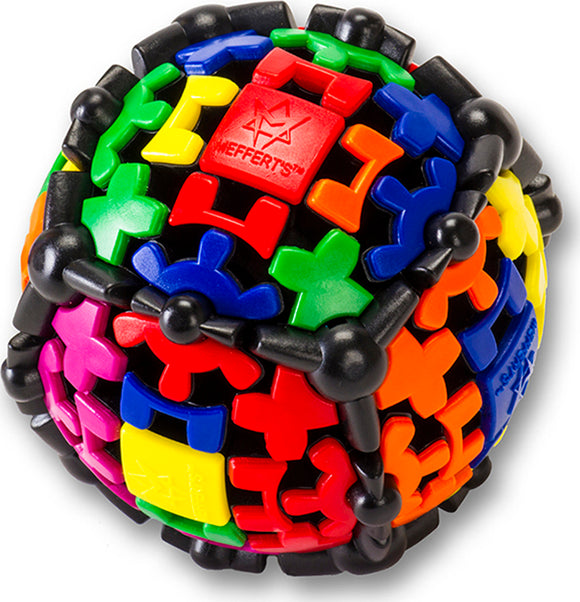 The Gear Ball by Mefferts is a colorful mechanical puzzle featuring interlocking plastic pieces in vibrant colors, including blue, red, yellow, green, pink, and black. The puzzle has a spherical design with a unique, engaging structure that challenges hand-eye coordination and problem-solving skills. Ideal for puzzle enthusiasts, it offers a fun and interactive experience.