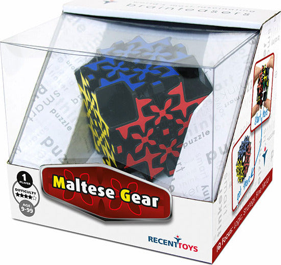 Maltese Gear mechanical puzzle by Project Genius displayed in a clear box. The puzzle features an intricate design with vibrant colors, including red, black, and blue shapes resembling gears and flowers. The packaging includes information on difficulty level, stating it's a one-player puzzle suitable for ages 9-99. Perfect for puzzle enthusiasts looking for a challenge.