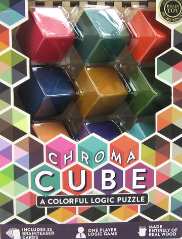 The Chroma Cube by Project Genius is a colorful mechanical logic puzzle consisting of vibrant hexagonal blocks in various colors, designed to challenge and stimulate your brain. Includes 25 brainteaser cards for solo play and is crafted from real wood for a premium feel.