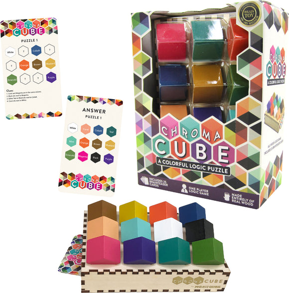 Chroma Cube by Project Genius is a colorful mechanical logic puzzle featuring wooden pieces in various colors. The packaging displays vibrant geometric designs and includes two hint cards for solving the puzzles. The game promotes critical thinking and problem-solving skills for one player, making it an engaging brain teaser.