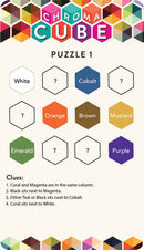 The Chroma Cube by Project Genius features a colorful mechanical puzzle with hexagonal tiles in various shades, including white, cobalt, emerald, orange, brown, mustard, and purple. It includes logical clues to solve the arrangement of colors within the puzzle grid.