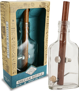 The Grecian Bottle from Project Genius is a mechanical puzzle featuring a transparent glass bottle with a wooden stick and metal components inside, presented in a detailed cardboard box with ancient designs. Suitable for ages 14 and up, it offers an engaging challenge for puzzle enthusiasts.